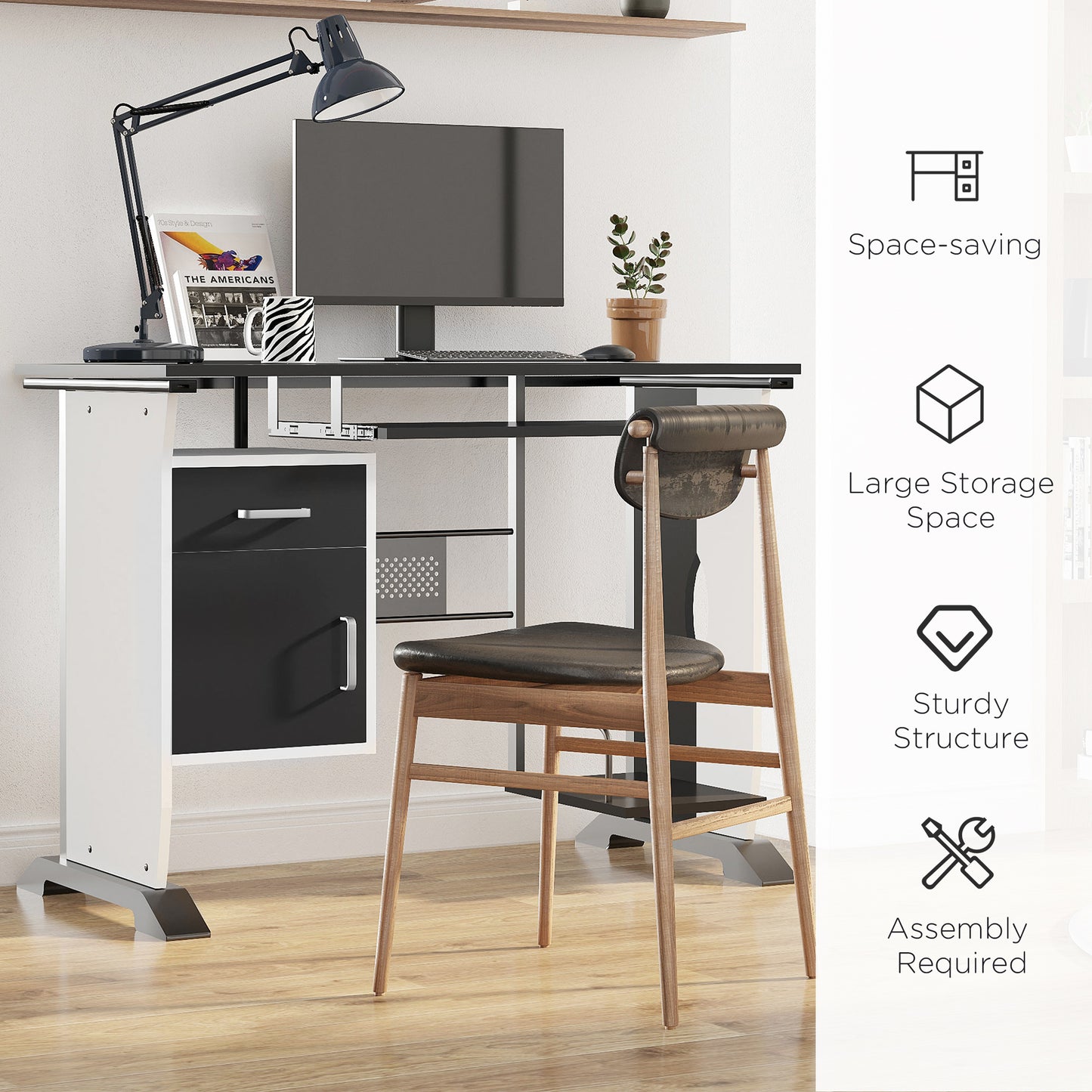 Computer Desk with Sliding Keyboard Tray, Storage Drawers and Host Box Shelf, Home Office Desk, Study Workstation