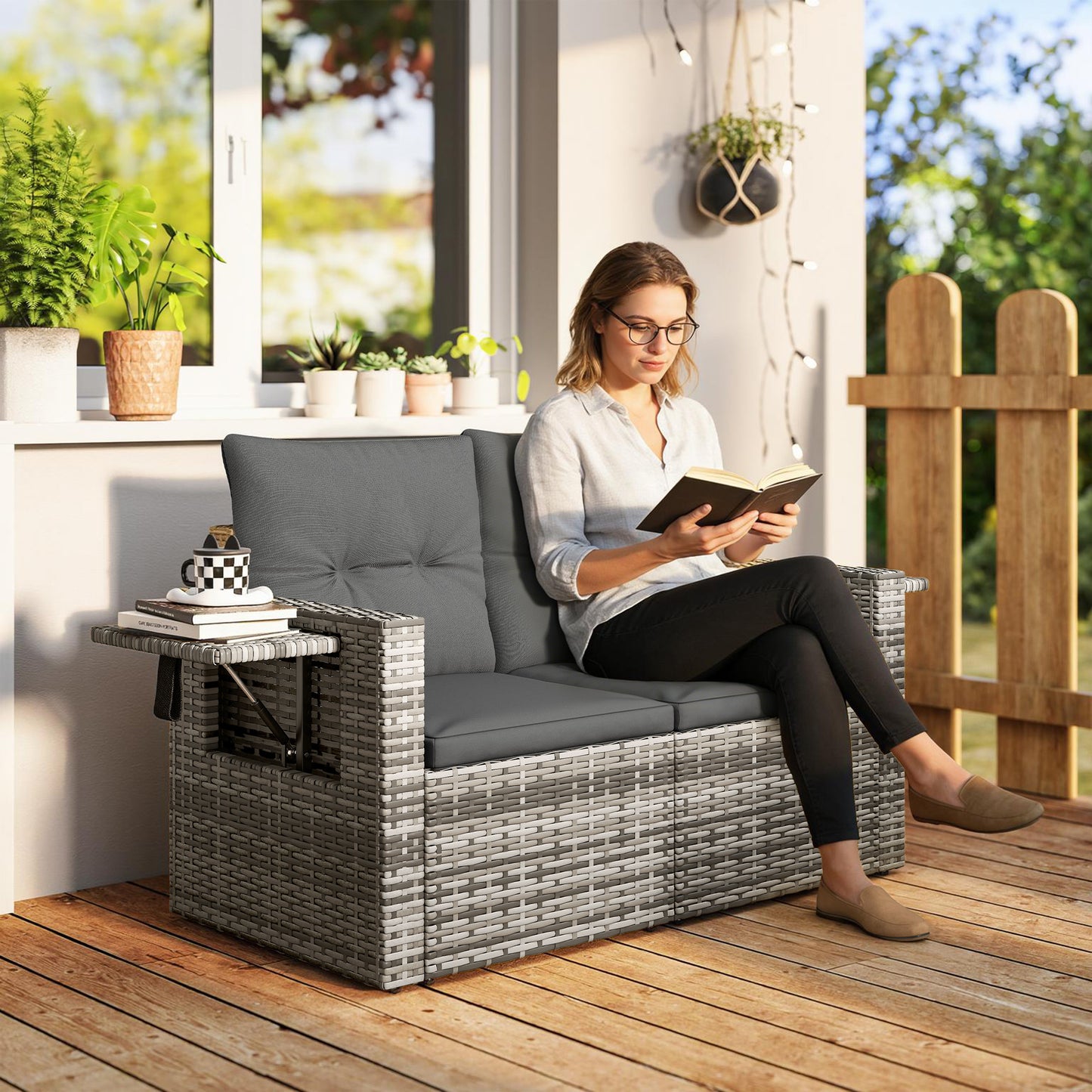2 Seater Rattan Garden Sofa Outdoor Loveseat with Hidden Side Trays and Cushions for Patio Balcony, Dark Grey
