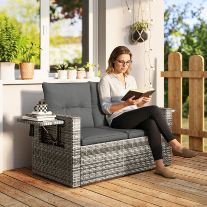 2 Seater Rattan Garden Sofa Outdoor Loveseat with Hidden Side Trays and Cushions for Patio Balcony, Dark Grey