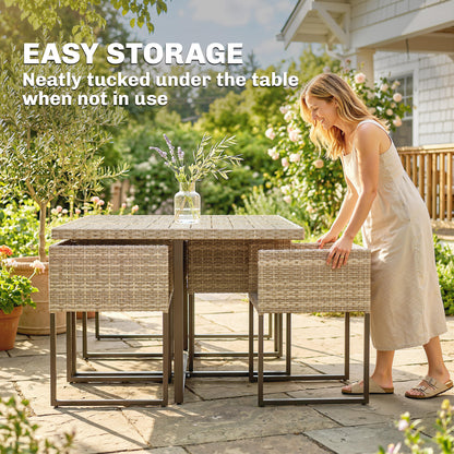 7 Piece Rattan Garden Furniture Set, Garden Dining Set with Wood-Plastic Table and 6 Stackable Chairs, Light Brown