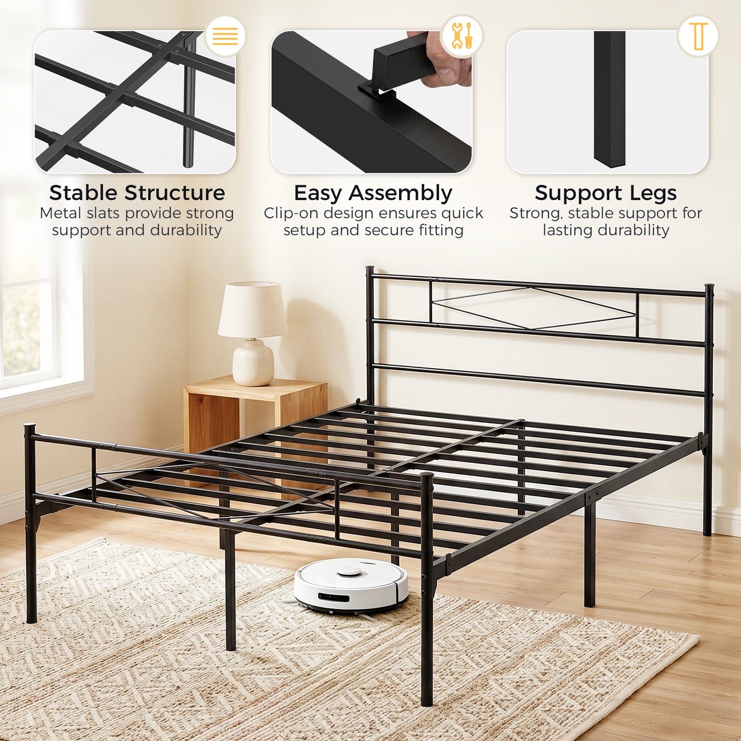 5ft King Bed Frame with Headboard and Footboard, Metal Platform Bed Frame with 32 cm Underbed Storage, Black