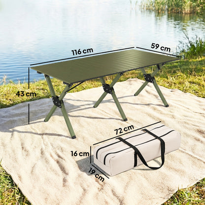 4ft Folding Camping Table, Waterproof Picnic Table with Roll Up Top, Carrying Bag and Metal Frame, Green