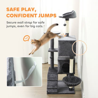 140cm Large Cat Tree Tower with Sisal Scratching Posts, Cat Houses, Plush Perches, Hammock, Ladder, Dark Grey