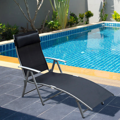 Sun Lounger Steel Frame Outdoor Folding Chaise Texteline Lounge Chair Recliner with Headrest & 7 Levels Adjustable Backrest