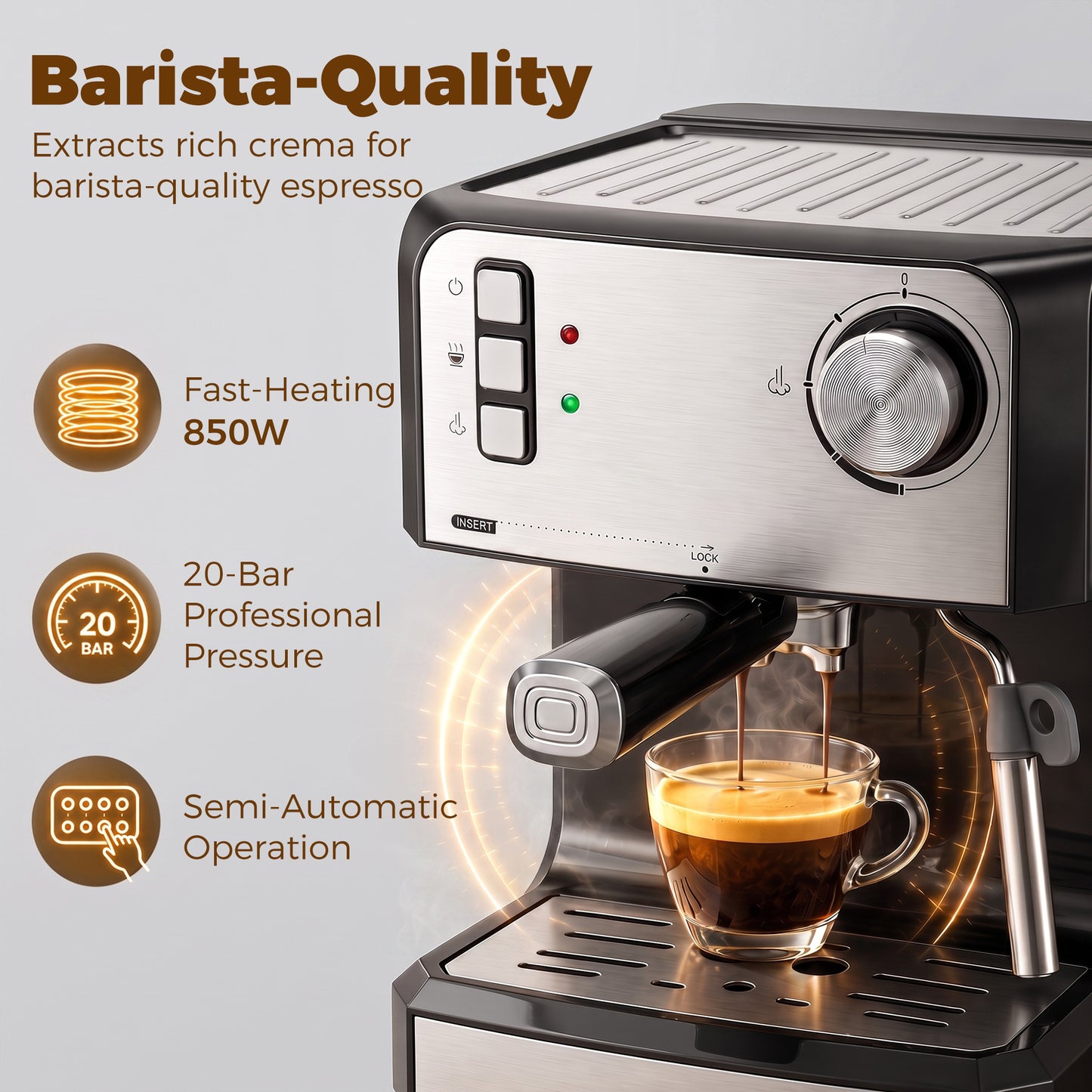 Espresso Machine, 20-Bar Semi Automatic Cappuccino Coffee Maker with Frother Wand, 1.6 L Water Tank, Black