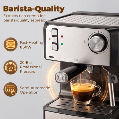 Espresso Machine, 20-Bar Semi Automatic Cappuccino Coffee Maker with Frother Wand, 1.6 L Water Tank, Black