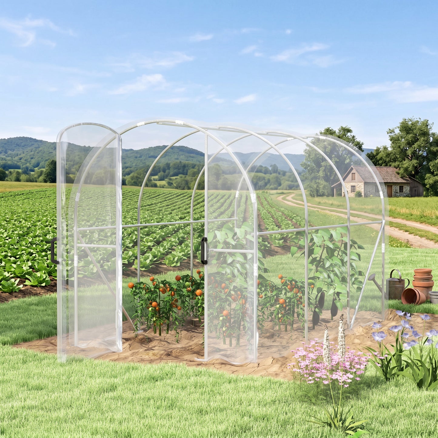 Polytunnel Greenhouse Walk-in Grow House with PE Cover, Door and Galvanised Steel Frame, 3 x 2 x 2m, Clear