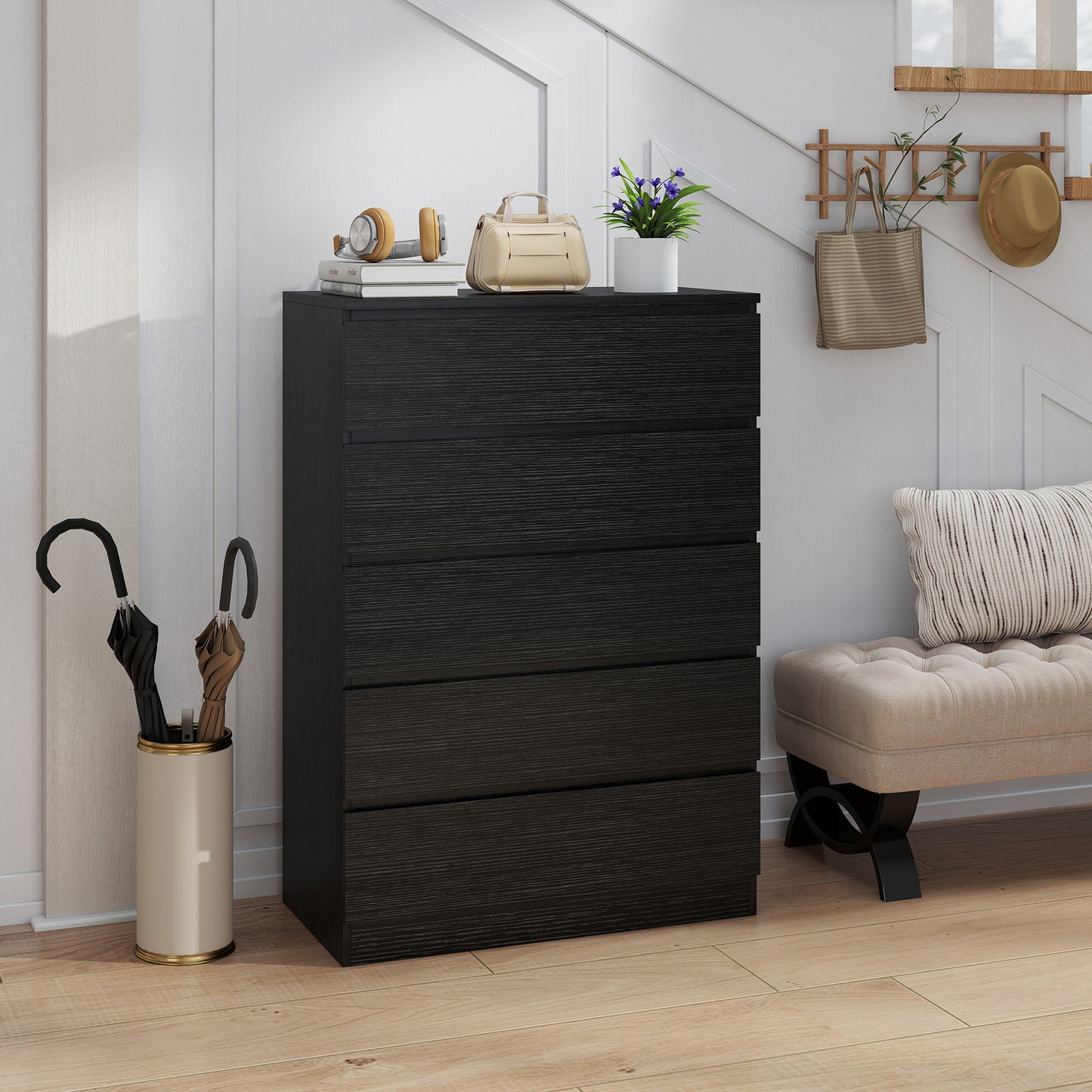 Chest of Drawers, 5 Drawer Dresser, Modern Storage Cabinet with 5 Drawers, for Bedroom, Living Room, Black