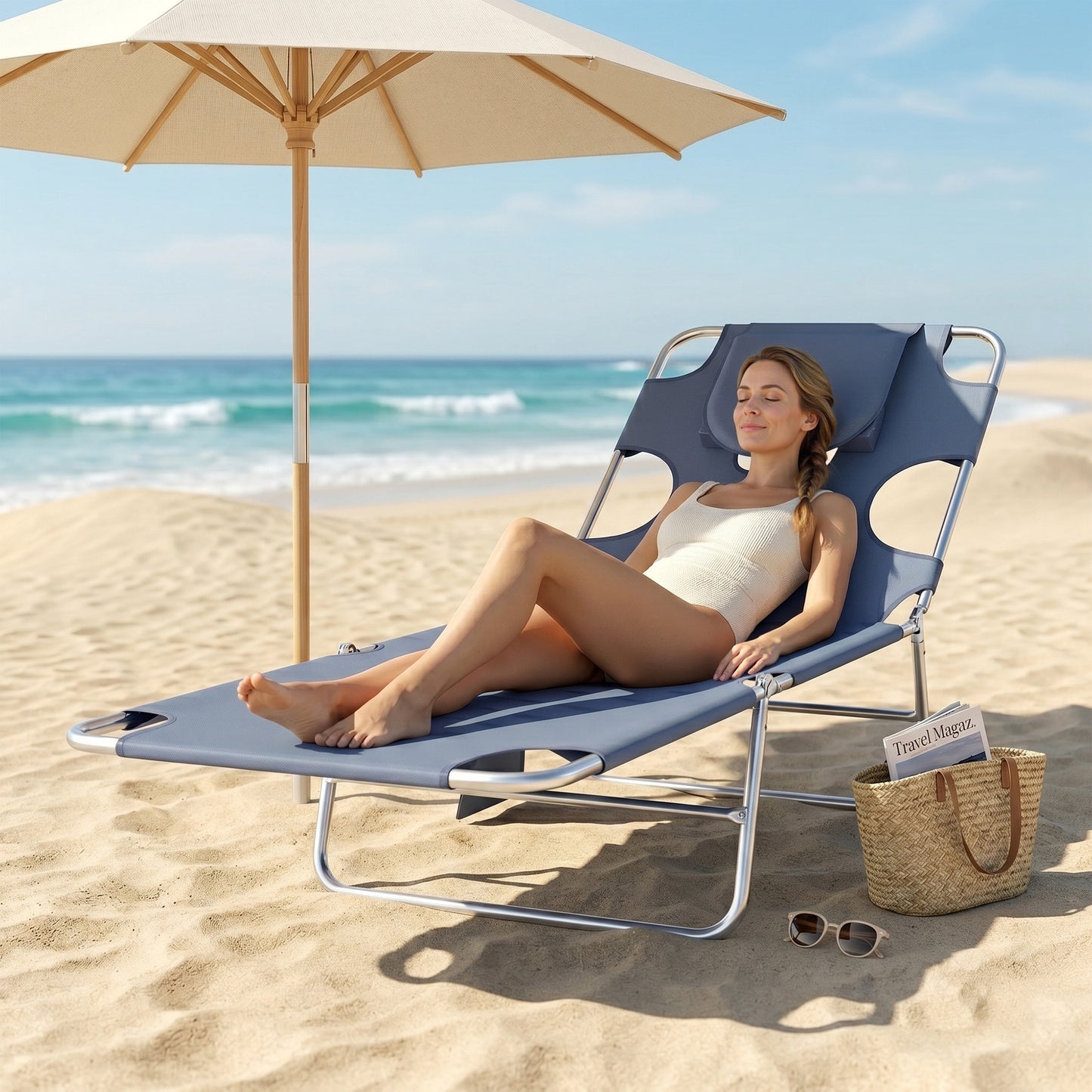5-Position Adjustable Sun Lounger with Reading Hole and Side Pocket, Grey