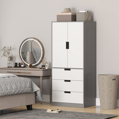 Modern Clothes Storage Cupboard Unit, 3 Drawer 2 Door Wardrobe with Hanging Rod, Grey