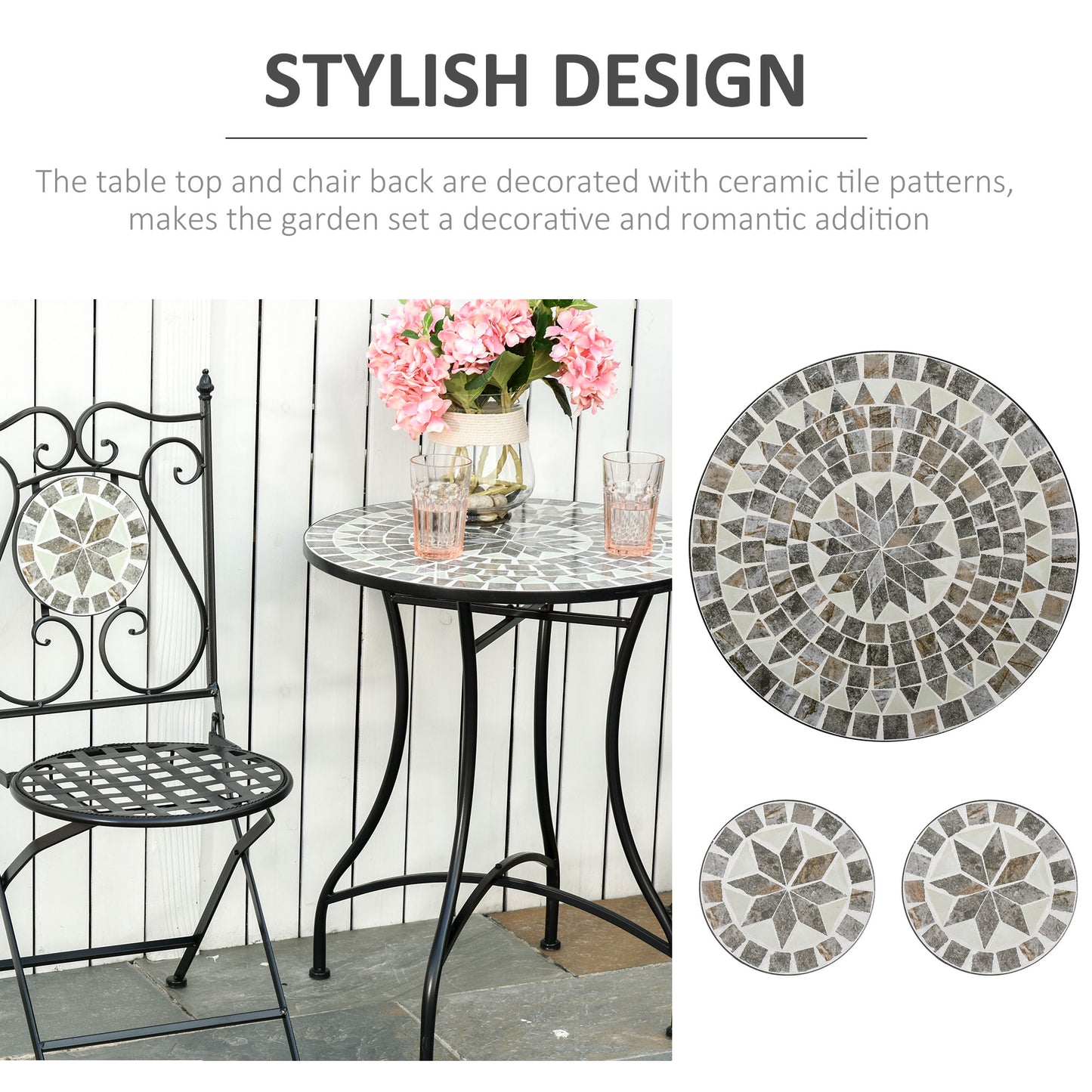 3 Pcs Mosaic Tile Garden Bistro Set Outdoor Seating w/ Table 2 Folding Chairs Set Metal Frame Elegant Scrolling Indoor Patio