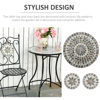 3 Pcs Mosaic Tile Garden Bistro Set Outdoor Seating w/ Table 2 Folding Chairs Set Metal Frame Elegant Scrolling Indoor Patio