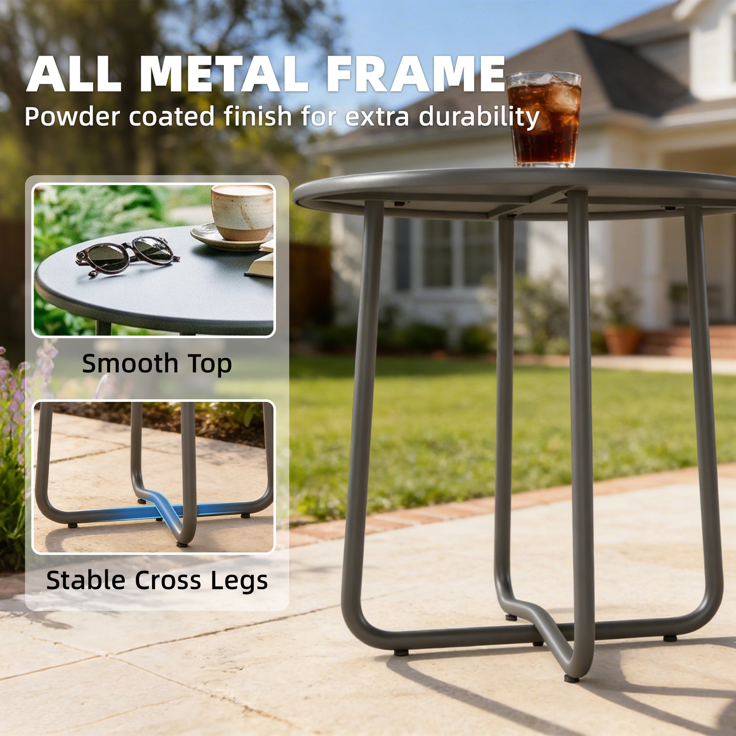 48 cm Round Garden Side Table, Small Metal Outdoor Garden Table with Rolled Edge, Dark Grey