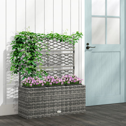 33L Garden PE Rattan Planter with Trellis, Free Standing Flower Raised Bed for Garden, Garden Planter for Climbing Plants