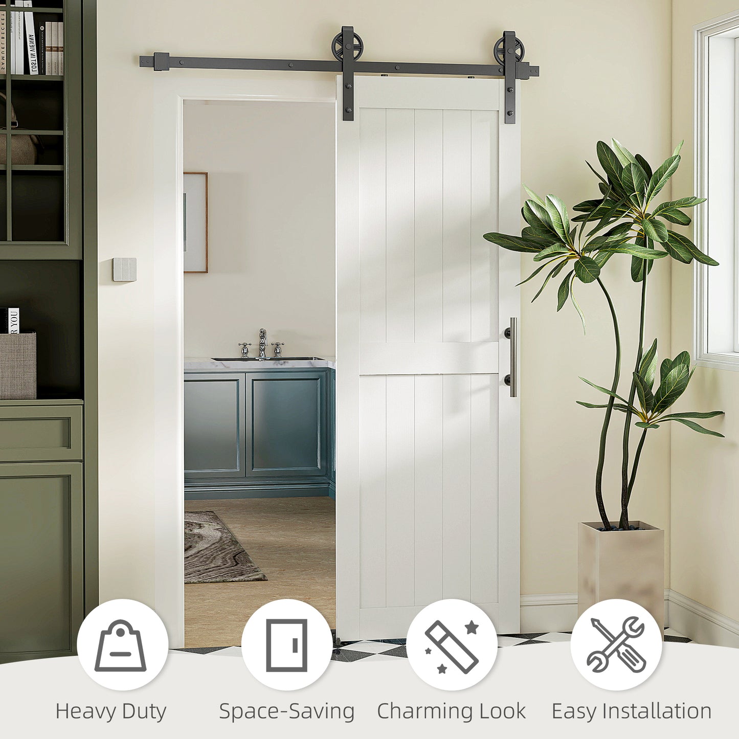 152.4cm Sliding Barn Door Kit, Sliding Door with Track, Hardware, Upgraded Rollers and Floor Guide, Handle, White