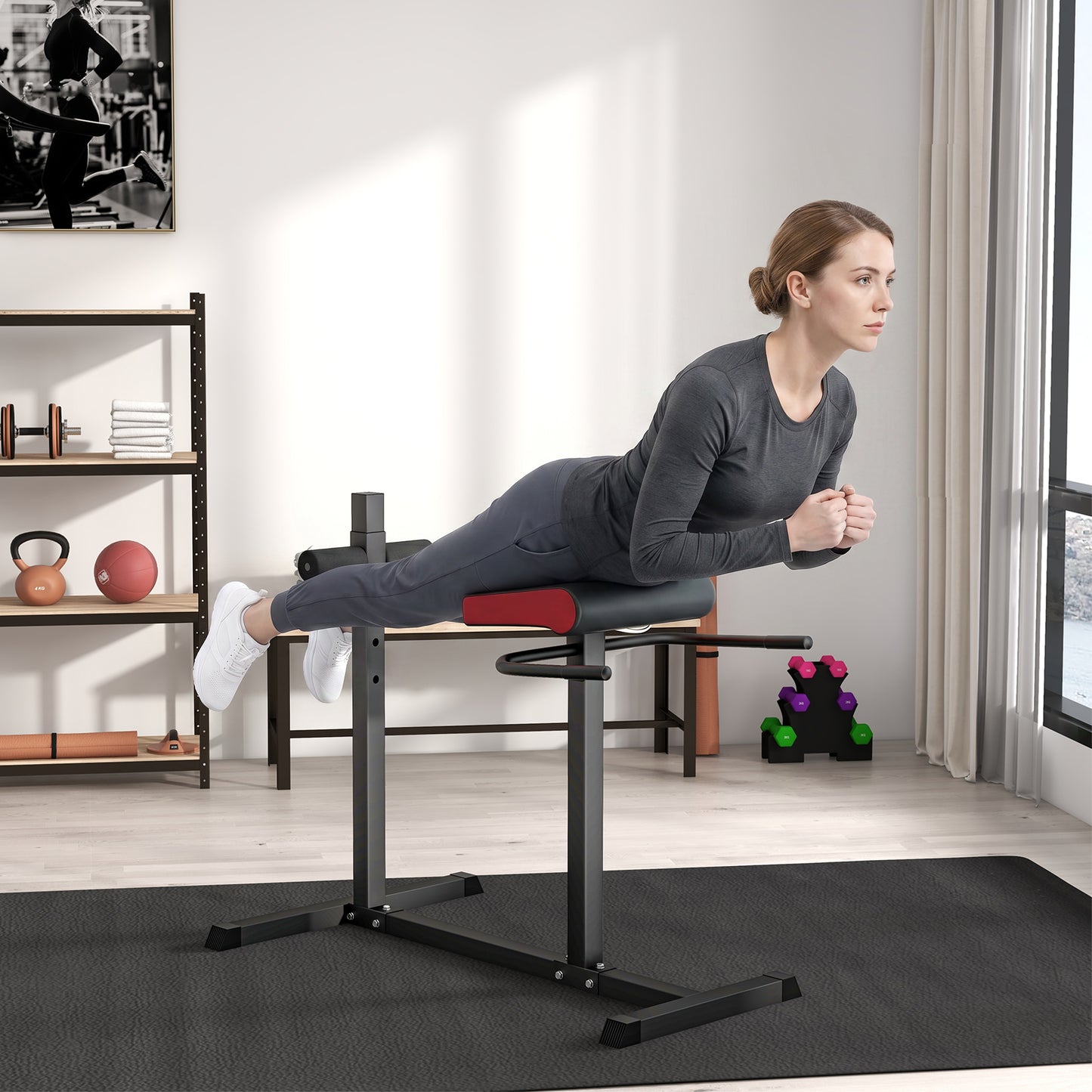 Back Extension Roman Chair, Hyperextension Bench with Adjustable Leg Roller for Back, Abdominal and Gluteal Training