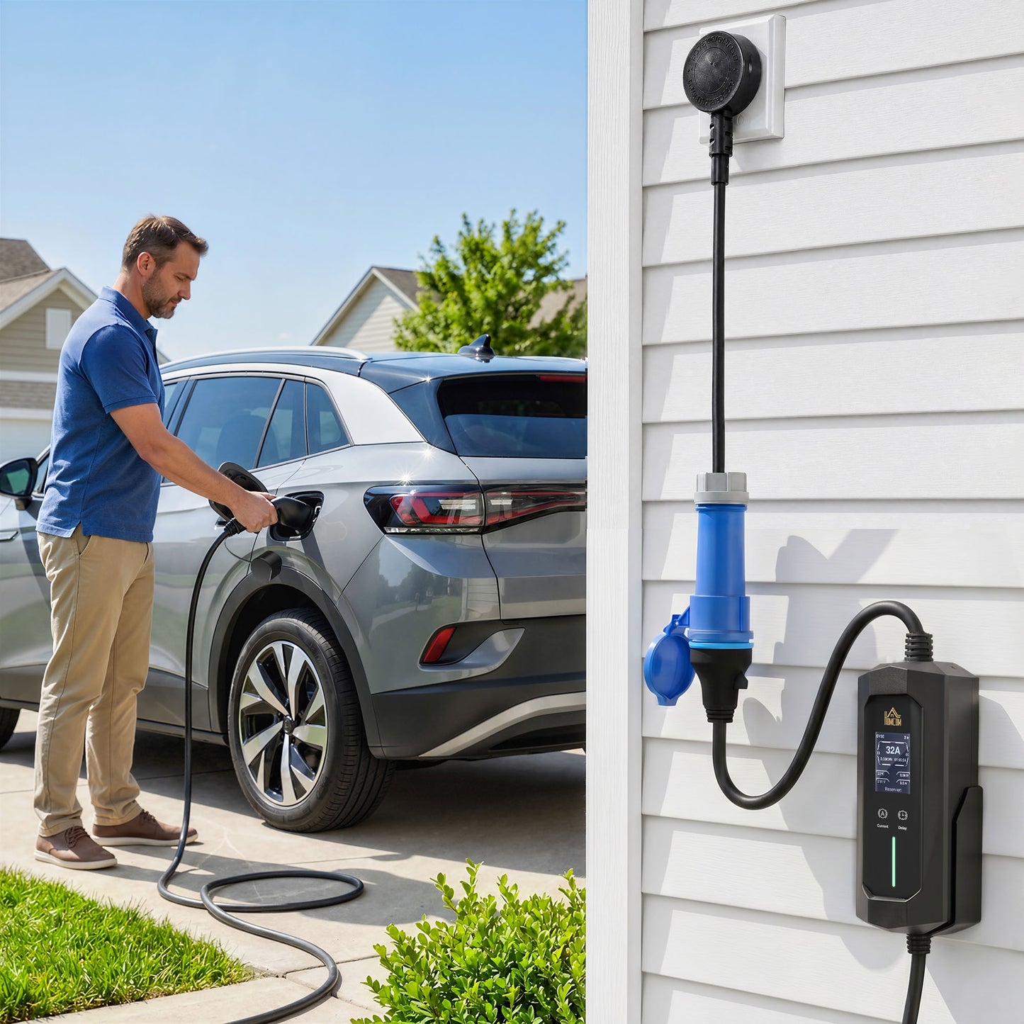 EV Charger 7kW Type 2 to CEE 32A Plug with UK Adapter, 10 m, 6-32A, Electric Car Charger w/ 1-12 h Time Delay