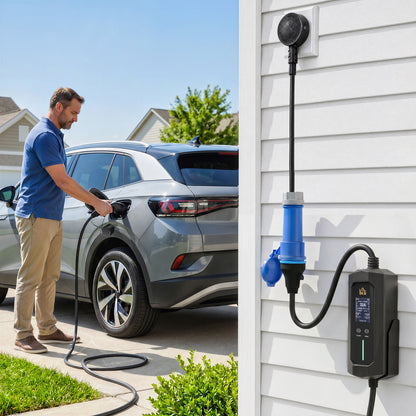 EV Charger 7kW Type 2 to CEE 32A Plug with UK Adapter, 10 m, 6-32A, Electric Car Charger w/ 1-12 h Time Delay