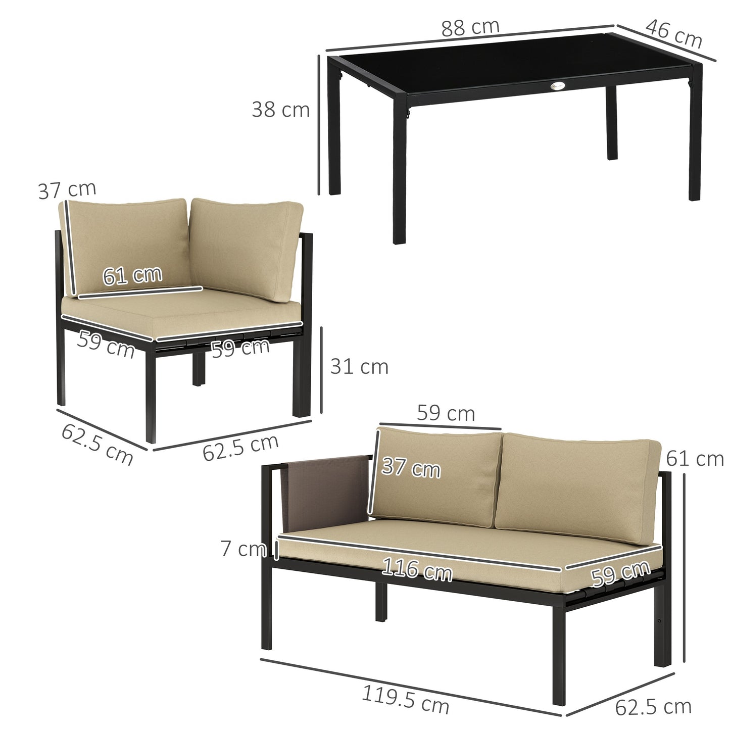 5 Seater Garden Corner Sofa Set, 4 Pieces Metal Garden Furniture Set with Loveseats, Glass Top Coffee Table