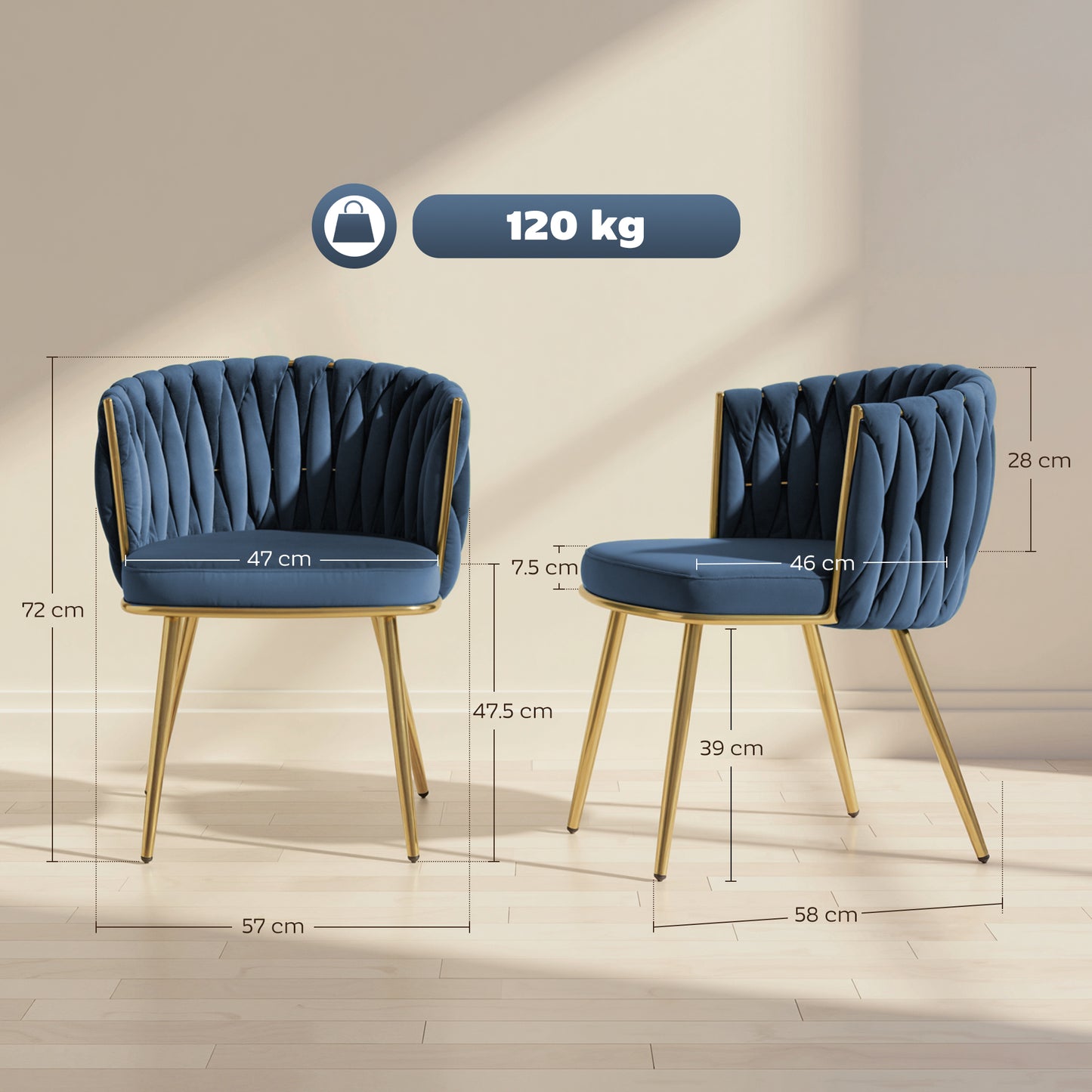 Velvet-Feel Dining Chairs Set of 2, Modern Upholstered Armchair with Knot Design and Golden Metal Legs