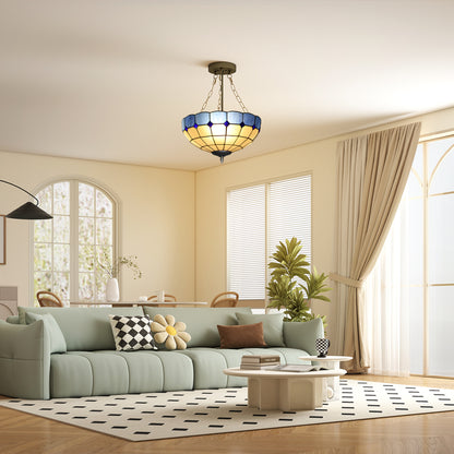 Tiffany Style Ceiling Light, Vintage Chandelier with 3 E27 Sockets, Semi Flush Mount for Living Room, Bulbs Not Included