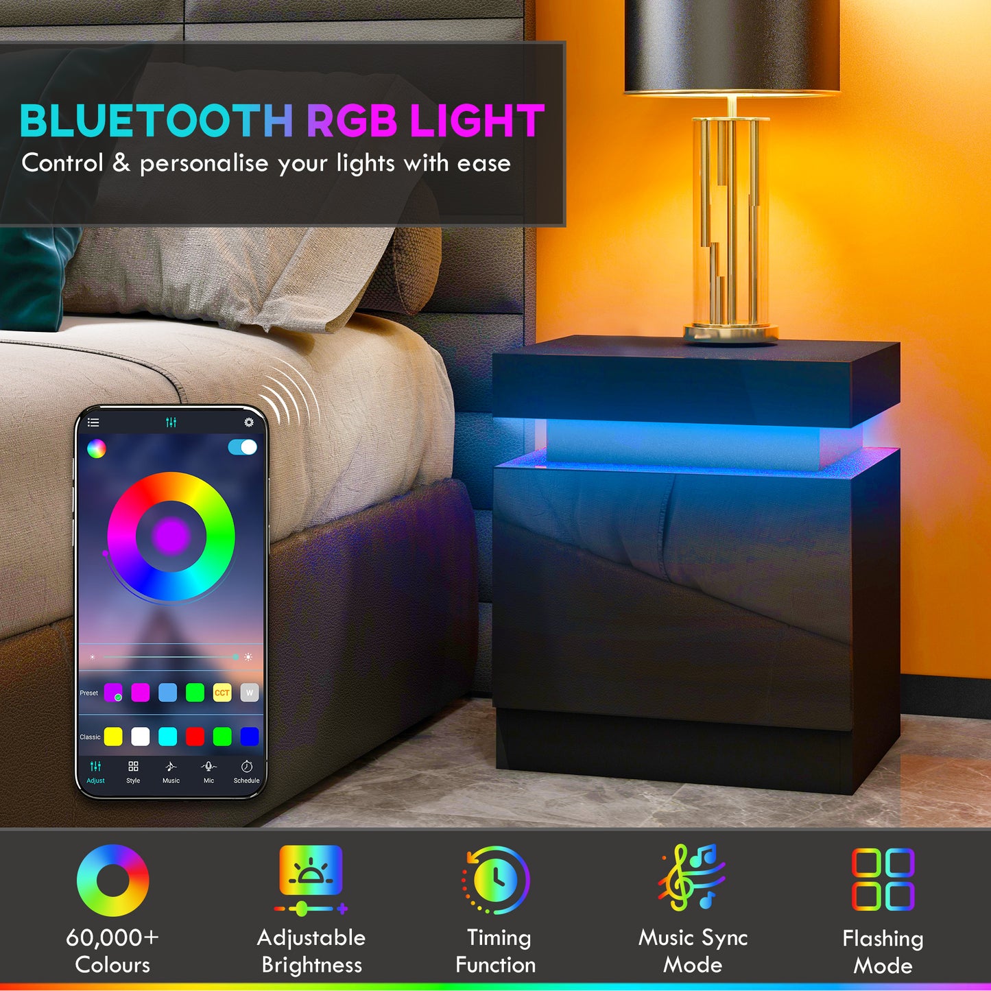 Black Bedside Table with LED Light, High Gloss Front Nightstand with 2 Drawers, for Living Room, Bedroom