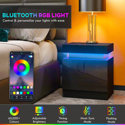 Black Bedside Table with LED Light, High Gloss Front Nightstand with 2 Drawers, for Living Room, Bedroom