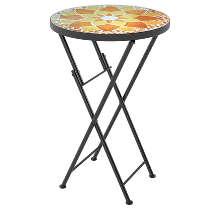 Mosaic Outdoor Garden Table, 35.5cm Round Folding Coffee Table with Metal Frame for Balcony Terrace, Yellow