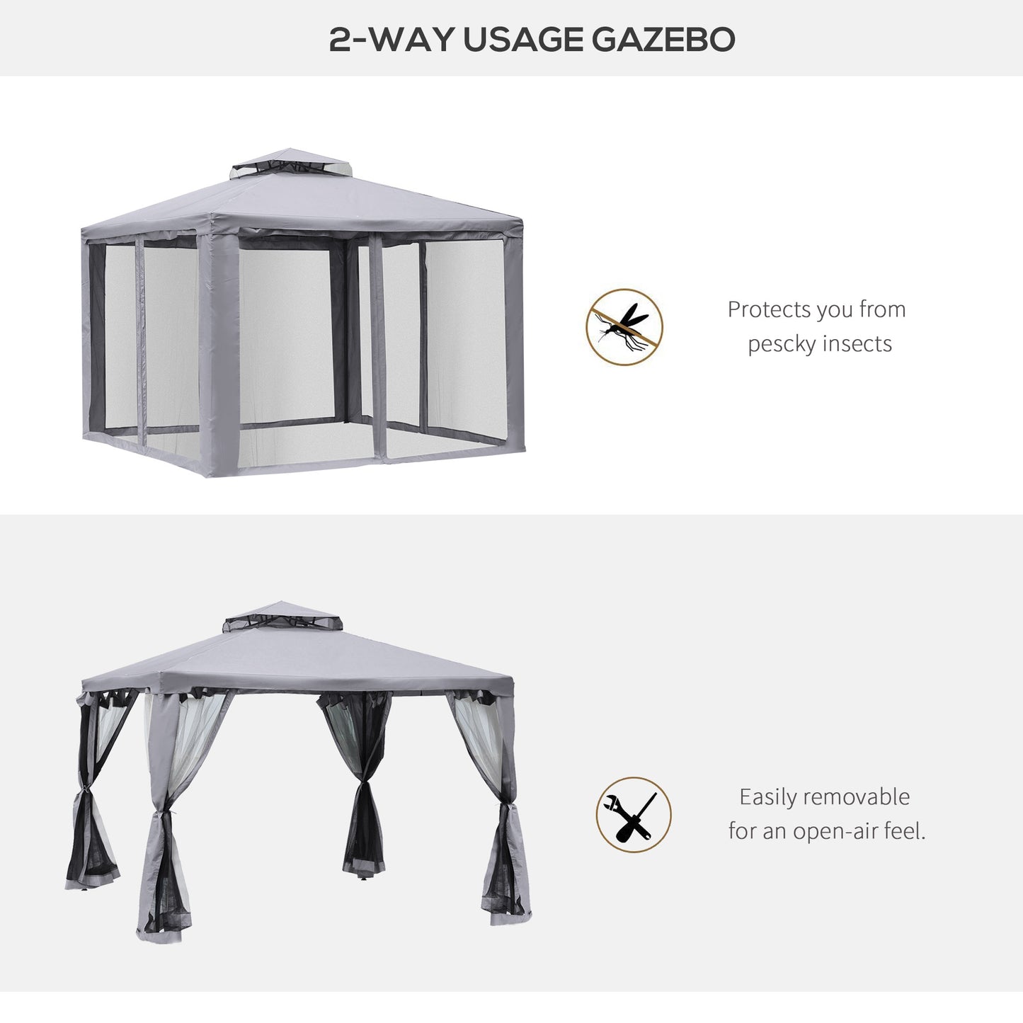 3 x 3 m Metal Gazebo, Garden Pavillion, Double Roof Outdoor Canopy Shelter with Mesh Sidewalls, Grey