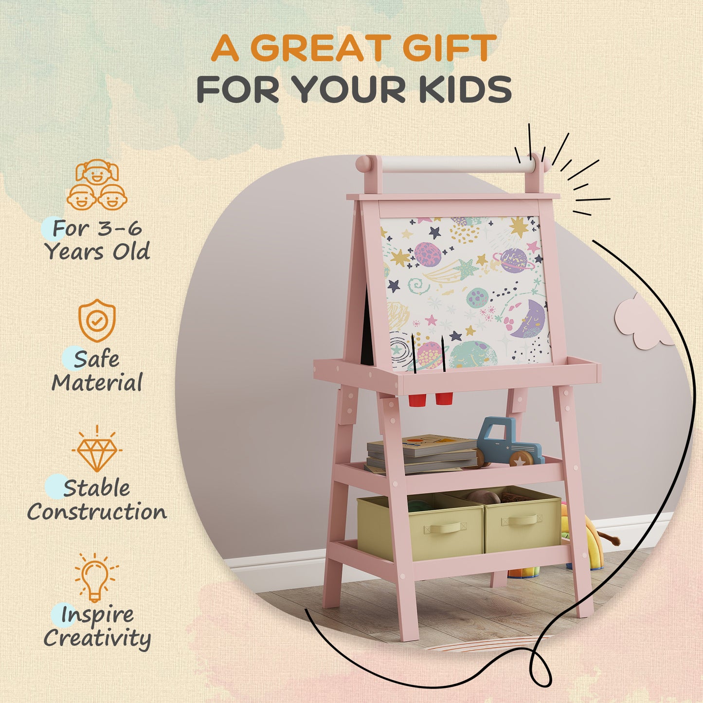 3 in 1 Kids Easel Double-Sided Magnetic Whiteboard and Chalkboard with Paper Roll, Storage Baskets - Pink