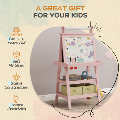 3 in 1 Kids Easel Double-Sided Magnetic Whiteboard and Chalkboard with Paper Roll, Storage Baskets - Pink