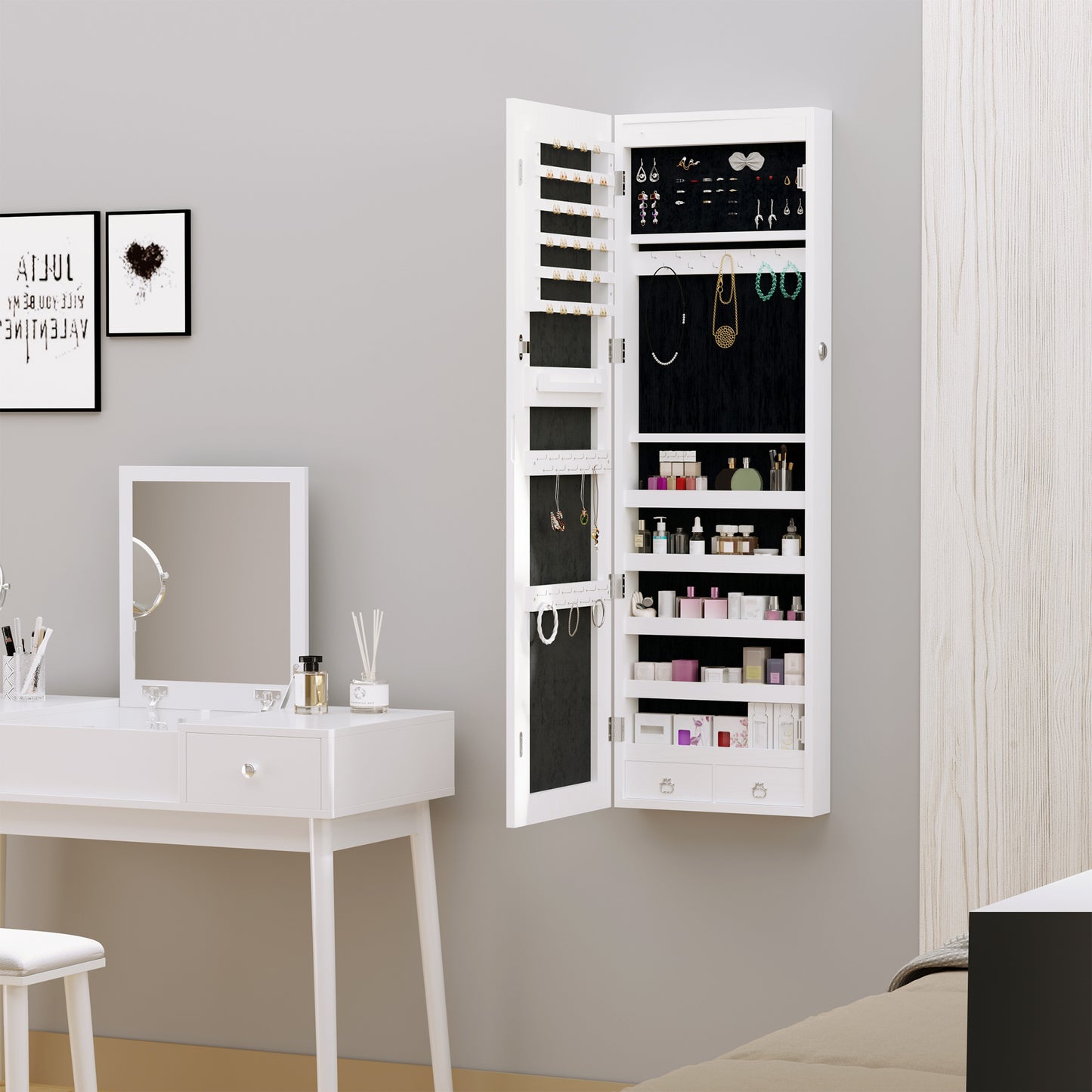 Jewelry Cabinet with Mirror and LED Lights, Lockable Makeup Cosmetics Jewellery Organiser