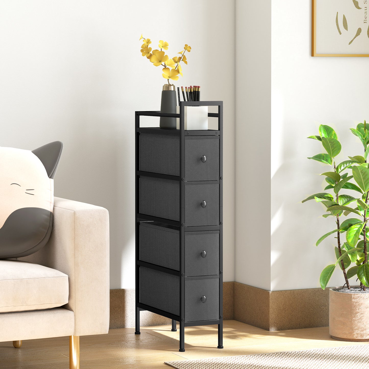 4 Drawer Fabric Dresser Chest of Drawers, Slim Storage Cabinet with Steel Frame for Small Spaces, Bedroom, Black