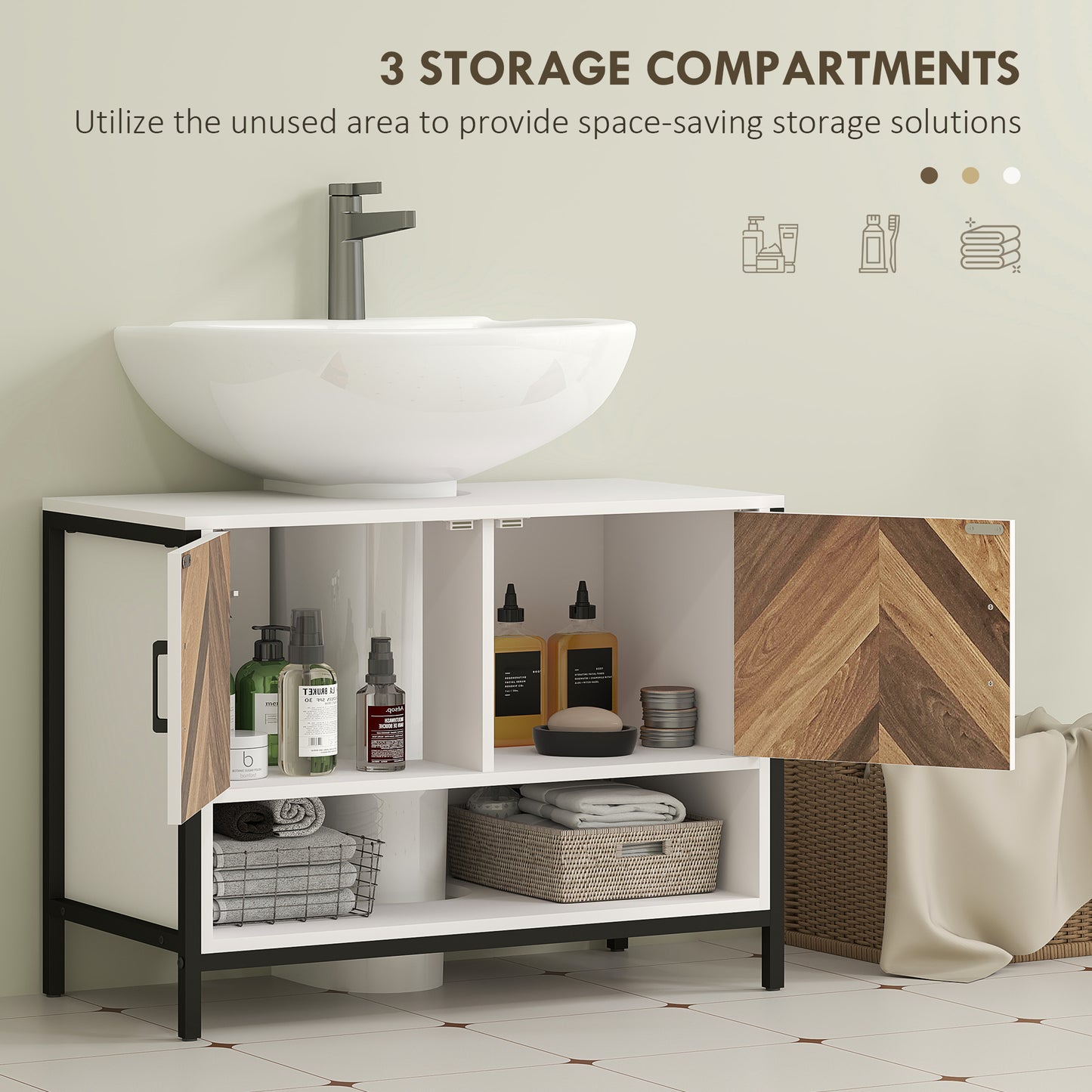 Under Sink Bathroom Cabinet, Rustic Under Sink Cabinet for Basin with or without Pedestal, Cream White and Walnut