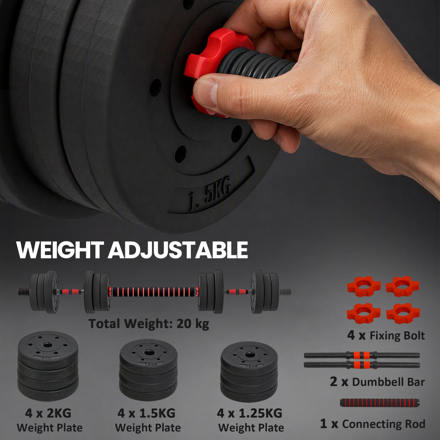 20kg 2 IN 1 Adjustable Dumbbells Weight Set, Dumbbell Hand Weight Barbell for Body Fitness, Lifting Training for Home
