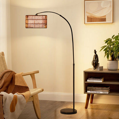 Rattan Floor Lamp for Living Room, Farmhouse Arc Standing Lamp with Dual-Layer Shade & Foot Switch