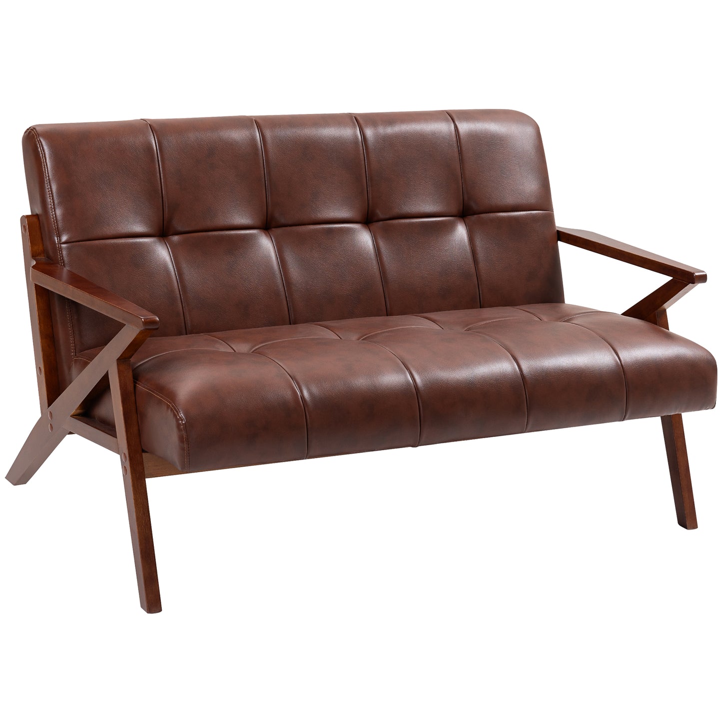 Compact 2 Seater Sofa, Vintage Tufted Loveseat Sofa with Solid Wood Legs, PU Leather Small Couch Settee for Living Room