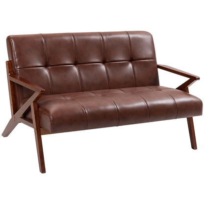 Compact 2 Seater Sofa, Vintage Tufted Loveseat Sofa with Solid Wood Legs, PU Leather Small Couch Settee for Living Room