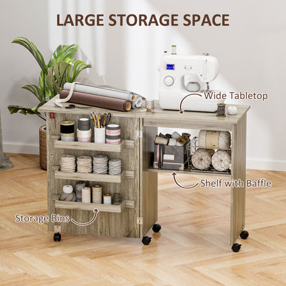 Folding Sewing Table, Drop Leaf Craft Table with Storage Bins, Open Shelf and Wheels