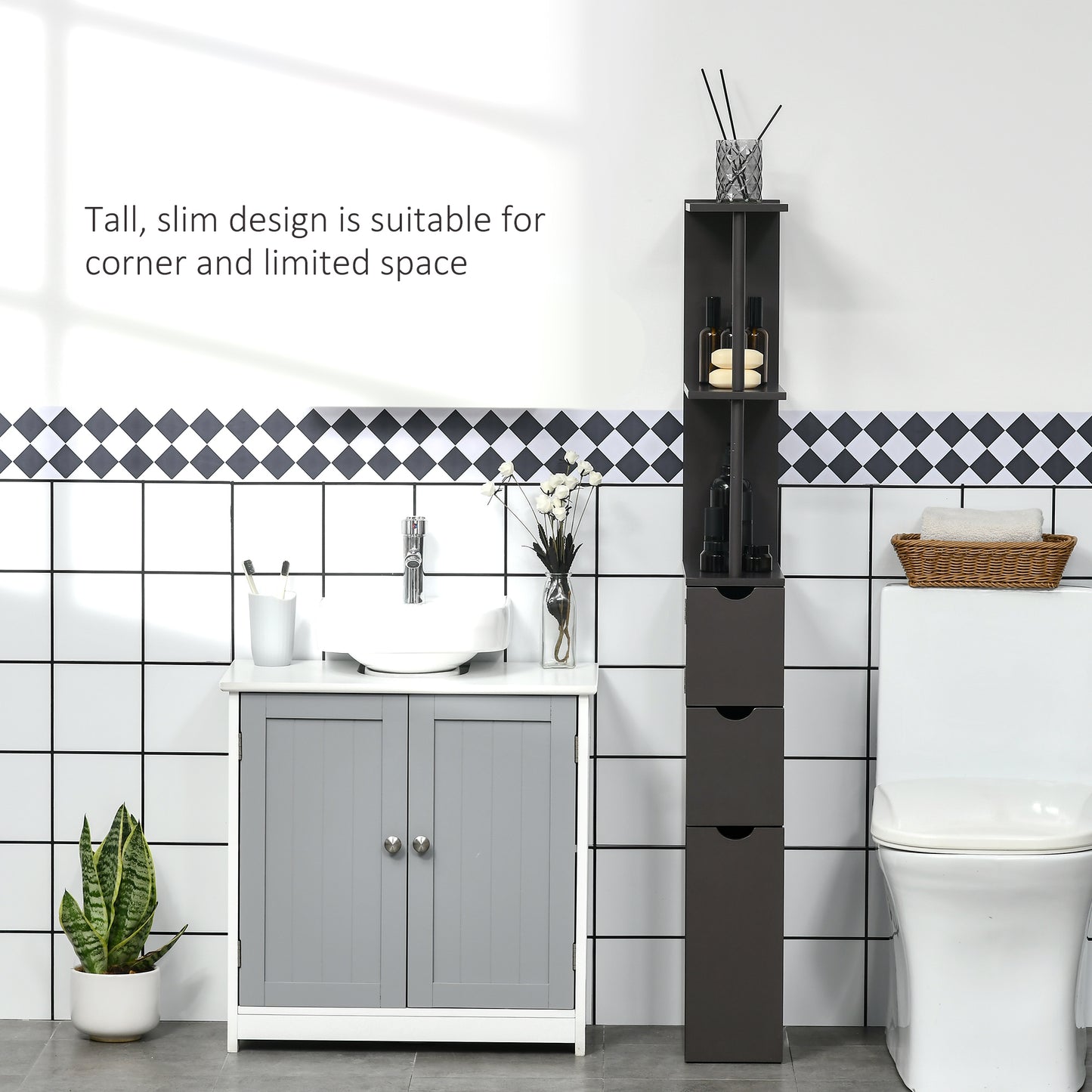 Tall Bathroom Cabinet, Freestanding Slim Bathroom Storage Cabinet with 2-Tier Open Shelf and 2 Drawers for Small Space