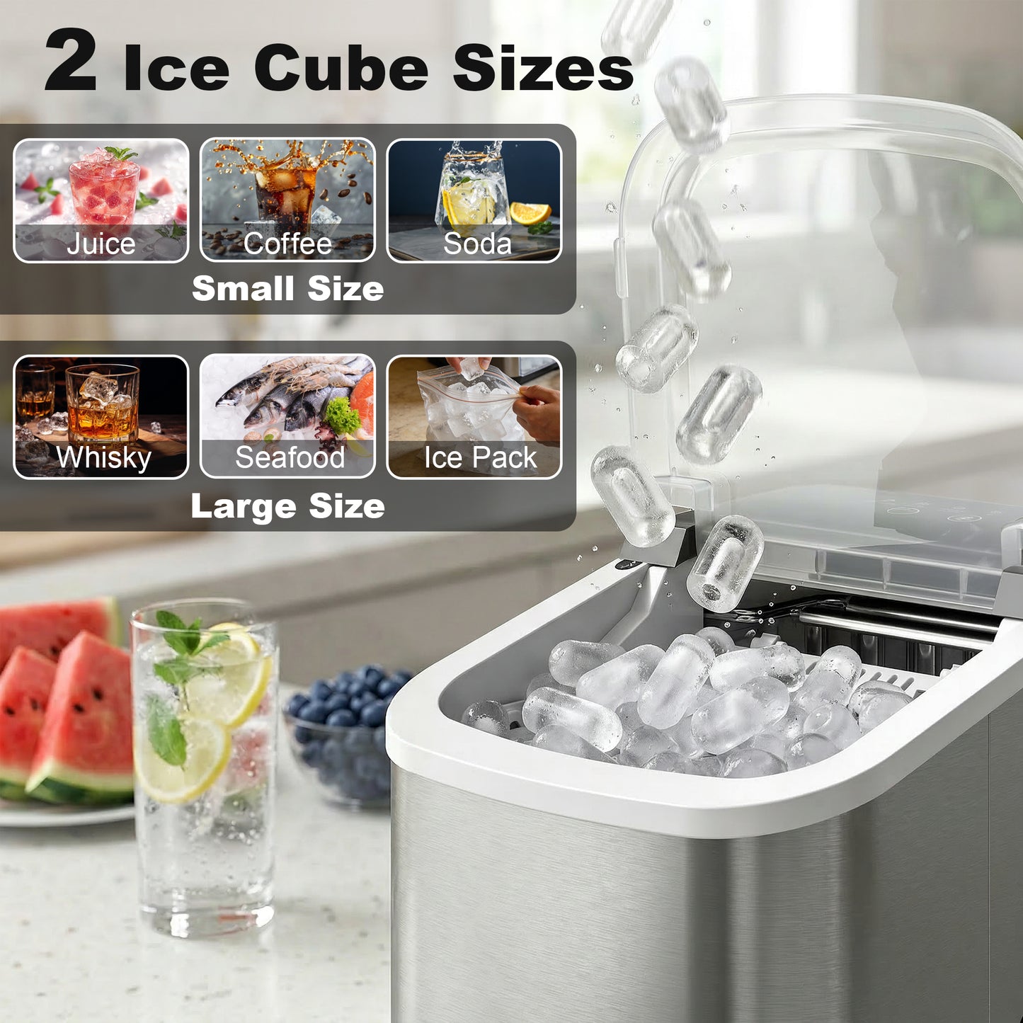 Ice Maker Machine Countertop, 9 Cubes Ready in 7 Mins, 12 KG in 24Hrs, 2 Sizes of Bullet, Self-Cleaning Ice Machine
