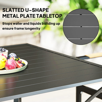 94 x 94 cm Garden Table with Parasol Hole, Outdoor Dining Garden Table for Four with Slatted Metal Plate Top, Black