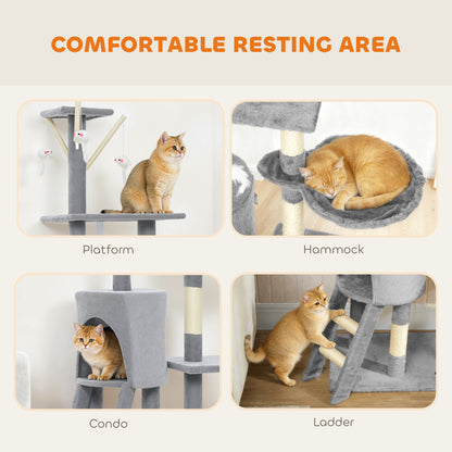 Multi-Level Cat Tower, 134cm Cat Tree with Condo and Sisal Scratching Posts for Indoor Kittens, Grey