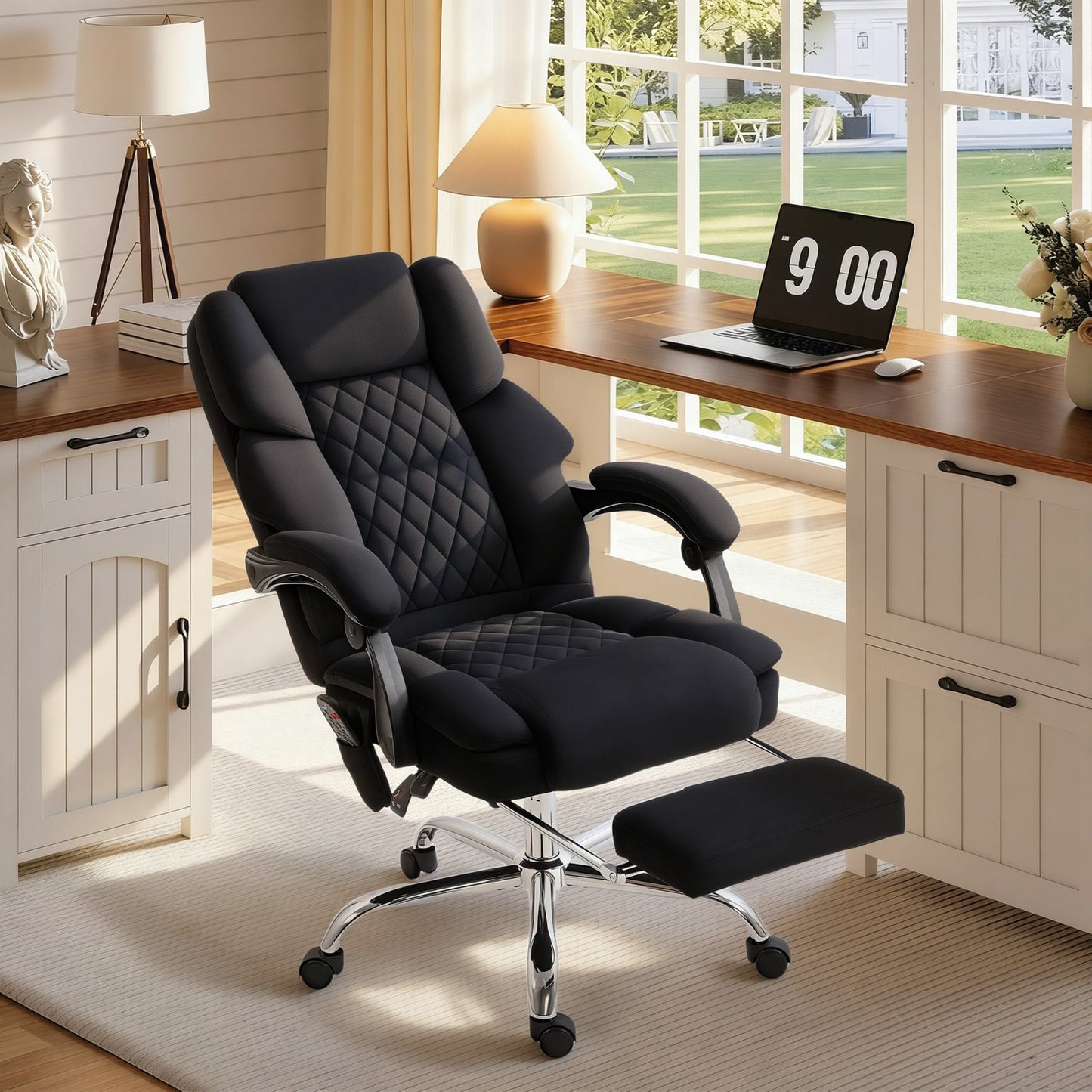 Office Chair with 6-point Vibration Massage and Heat, Fabric Desk Chair with Footrest, High Back, Black