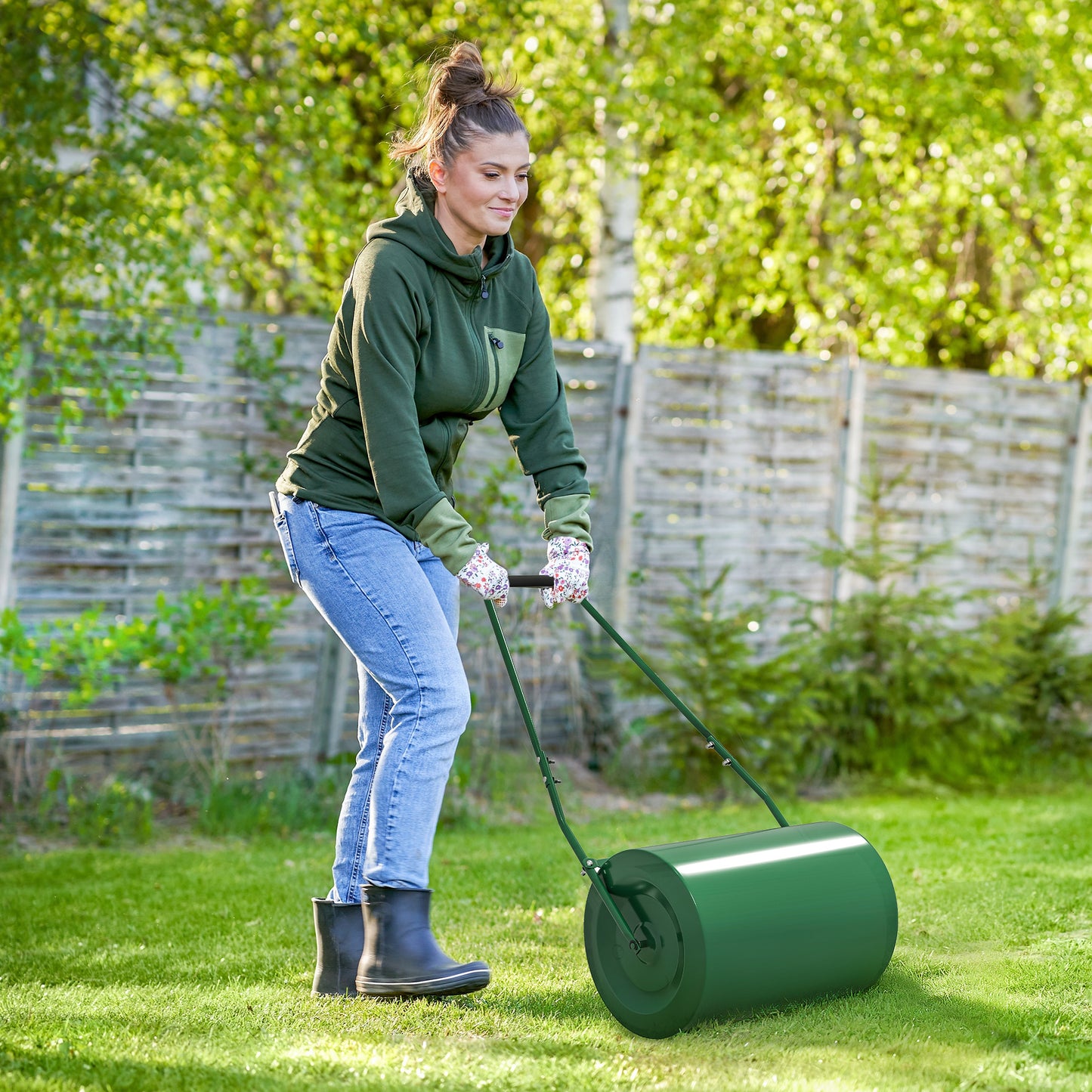 63 L Garden Lawn Roller with Water/Sand Filled Drum, Heavy Duty Steel Lawn Push Rolling Tool for Grass Seeding
