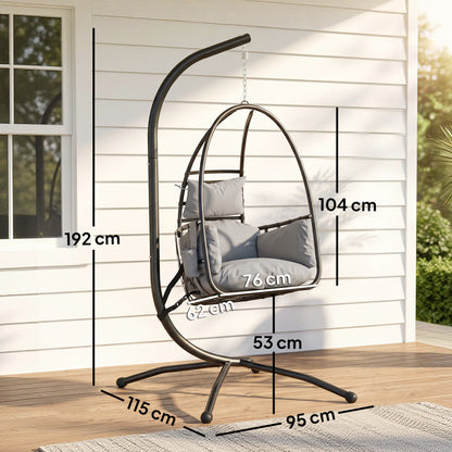 Hanging Egg Chair, Indoor Outdoor Swinging Hammock Chair with Stand, Foldable Basket, Side Pocket, Dark Grey