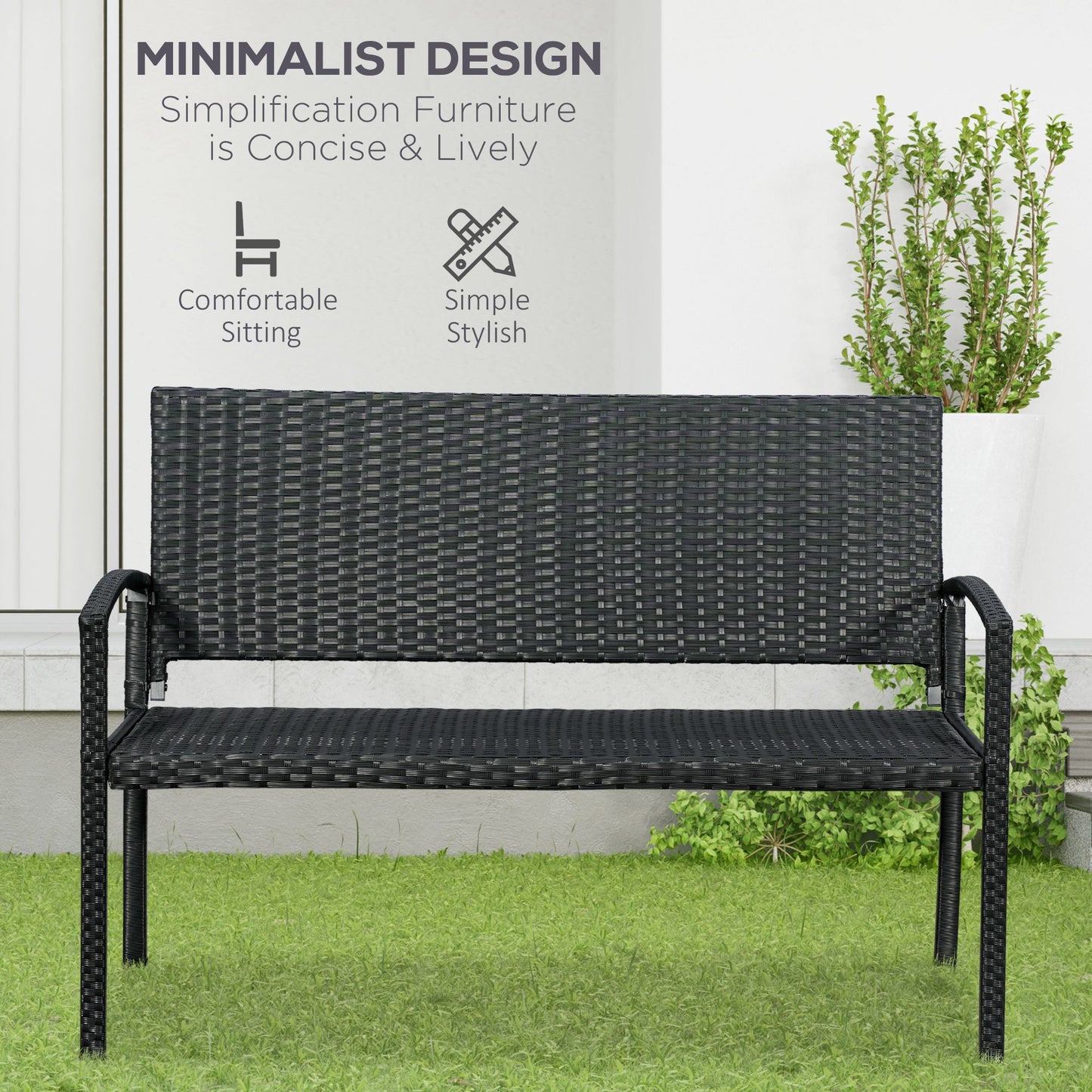 2 Seater Poly Rattan Garden Bench, All Weather Wicker Garden Loveseat, Outdoor Seating Bench with 240 Load Capacity