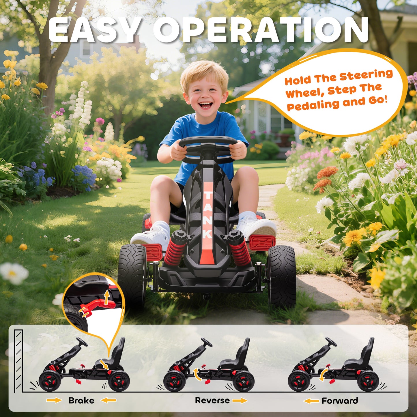 Pedal Go Kart for Kids Aged 3-6 Years, with Freewheel System, Brake, EVA Anti-Slip Wheels, Red