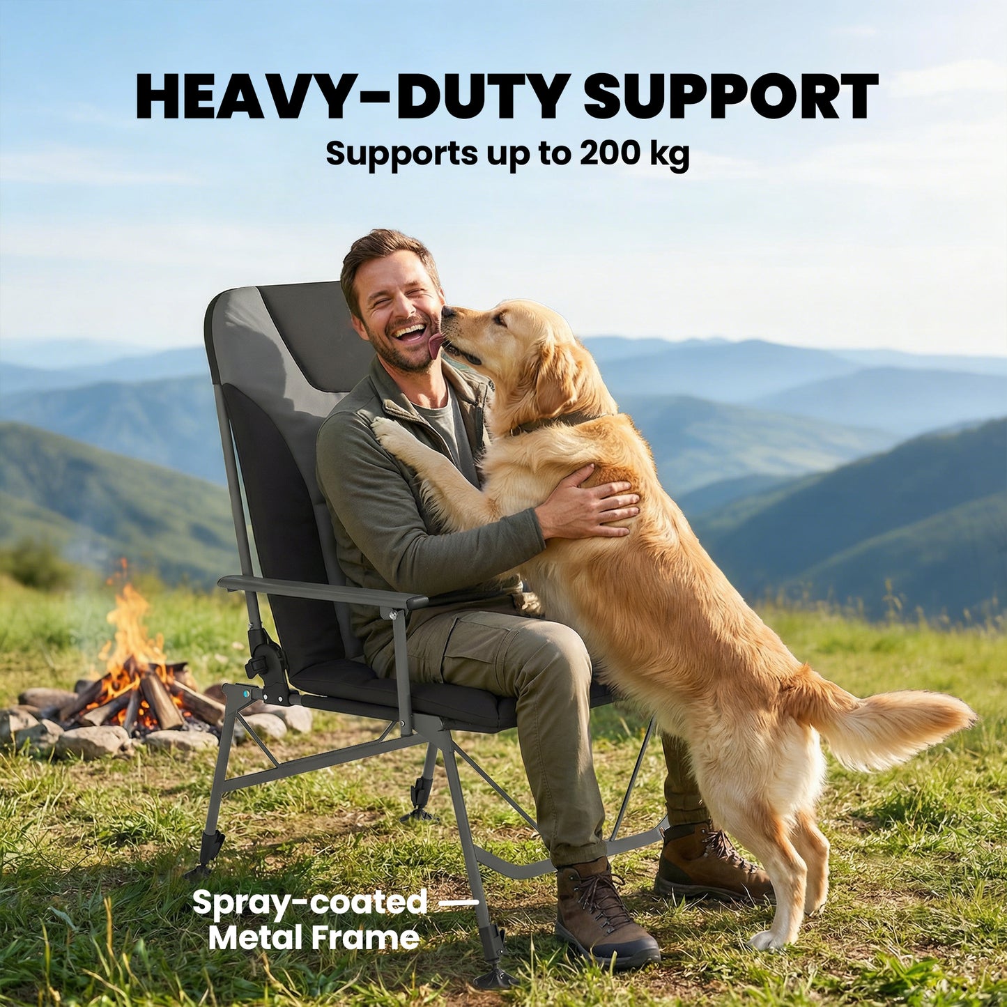 Camping Chair Padded Reclining Folding Chair with Wide Armrests for Adults Black
