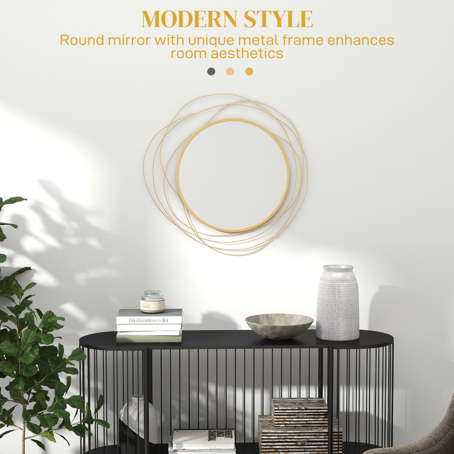 Metal Wall Art 65cm Modern Decorative Mirror Decor for Living Room Bedroom Dining Room, Gold Tone